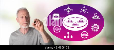 Connected cars concept drawn by a man Stock Photo