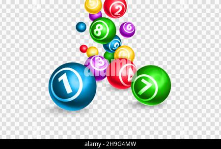 Lotto balls 3d realistic vector illustration. Colourful falling spheres with lucky winning combination numbers. Keno, bingo, lottery gambling games. Gaming leisure activity, raffle or jackpot concept. Stock Vector