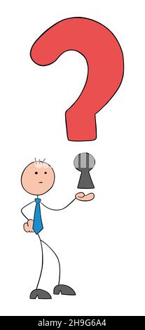 Stickman businessman holding question mark with keyhole. Hand drawn outline cartoon vector illustration. Stock Vector