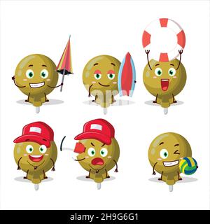 Happy Face yellow lolipop wrapped cartoon character playing on a beach. Vector illustration Stock Vector