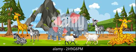 Outdoor panorama scene with farm animals illustration Stock Vector ...