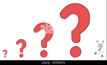 Stickman businessman is trying to escape from ever-growing question marks and problems. Hand drawn outline cartoon vector illustration. Stock Vector