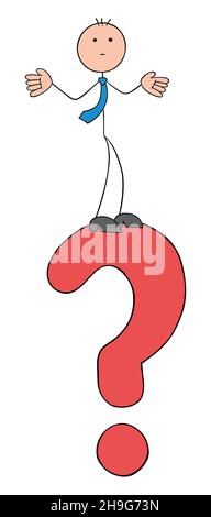 Stickman businessman standing on question mark and confused. Hand drawn outline cartoon vector illustration. Stock Vector