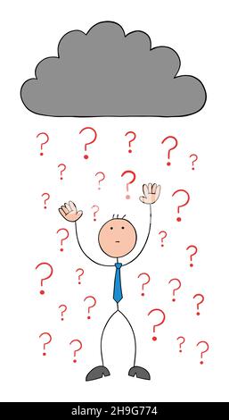 It is raining question marks, problems, troubles from the black cloud and stickman businessman is helpless. Hand drawn outline cartoon vector illustra Stock Vector