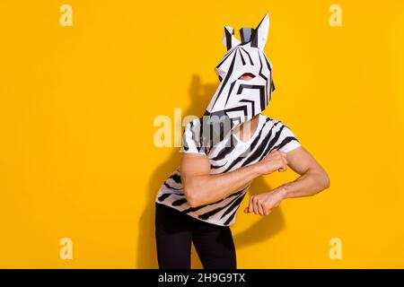 Photo of energetic weird incognito guy in zebra costume dancing isolated over bright yellow color background Stock Photo
