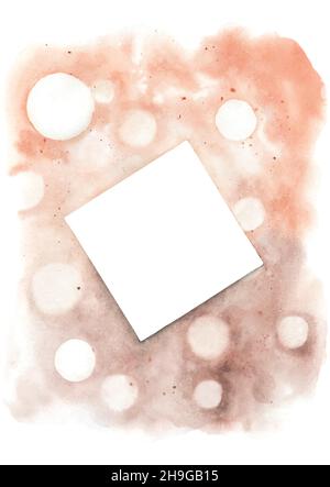 Abstract background with square frame on bokeh light of orange and brown watercolor stains. Card design with texture watercolor hand-painted. Stock Vector