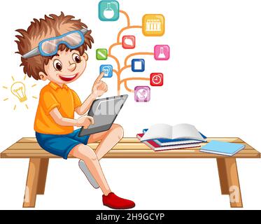 Young boy using tablet with education icons illustration Stock Vector