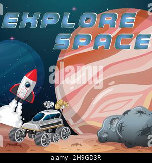 Space station on planet with Explore Space logo illustration Stock Vector