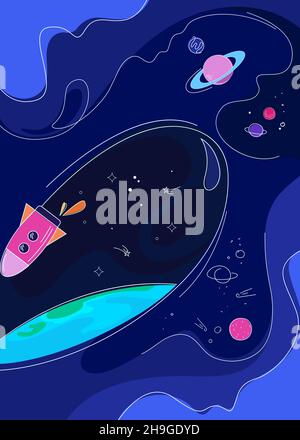 Banner with rocket in space. Placard design in doodle style. Stock Vector