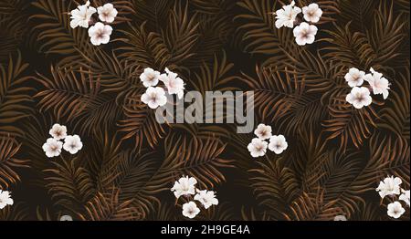 Tropical exotic seamless pattern with white flowers in tropical leaves. Hand-drawn 3D illustration. Good for design wallpapers, fabric printing, wrapp Stock Photo