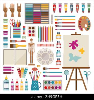 Realistic art supplies, set art materials. Artist Accessories. Easel,  canvas, tablet, pastel, paint in tubes, watercolor, palette and brush.  Vector objects for drawing, painting Stock Vector by ©Eva_Che 141588332