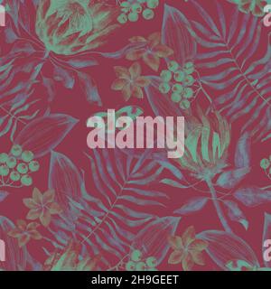 Vintage seamless pattern with tropical flowers, leaves and butterflies. Tropical background. Hand drawing. Shabby texture. Stock Photo