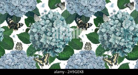 Botanical seamless pattern with hydrangea flowers and butterflies. Spring floral background. Stock Photo