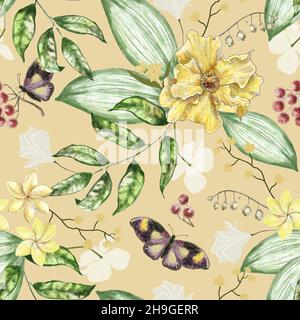 Seamless floral pattern. Light botanical background with delicate flowers, berries, butterflies and and leaves. Hand drawing watercolor illustration. Stock Photo