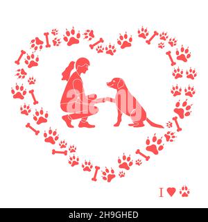 Vector illustration Woman and labrador playing together Dog gives paw on background of dog tracks, bones in the shape of heart Owner teaching pet comm Stock Vector