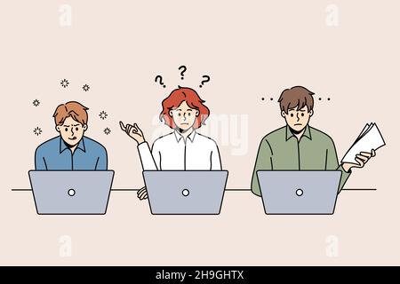 Doing tests and passing exams on laptops concept. Group of young thinking frustrated and concentrated people sitting at laptops thinking fulfilling tasks vector illustration  Stock Vector