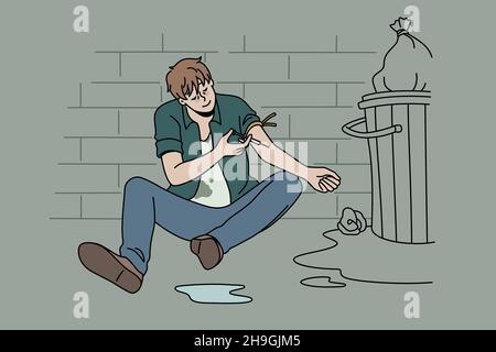 Drug addict and narcomaniac concept. Young man drug addict sitting on floor putting syringe with heroin into vein for pleasure vector illustration  Stock Vector
