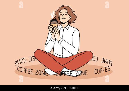 Coffee lover and zone concept. Smiling positive girl sitting holding enjoying cup of fresh brewed coffee drink in hands with lettering around vector illustration  Stock Vector