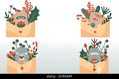 Set of envelopes with a greeting Christmas card, fir sprigs and decor. Christmas greetings concept. Stock Vector