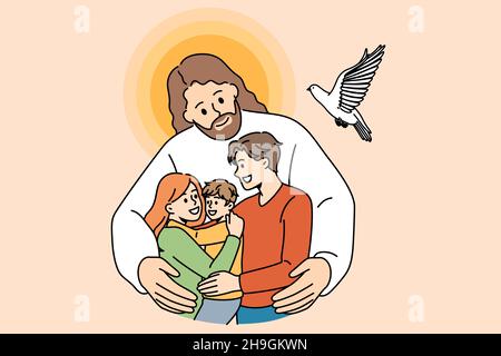 Christianity and religious education concept. Kind smiling Jesus in white clothing standing and hugging happy family with child taking care vector illustration  Stock Vector