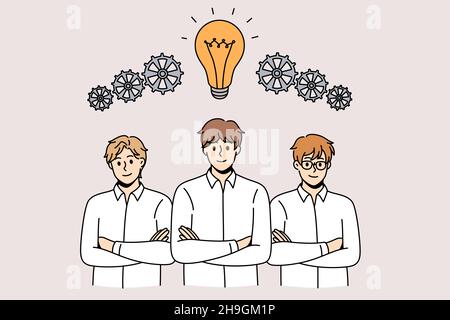 Teamwork Motivation and brainstorm concept. Group of Smiling man and woman colleagues generate business idea for development and strategy Vector illustration. Stock Vector