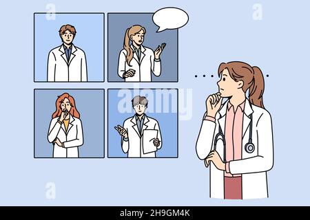 Online medical conference and video concept. Young woman doctor standing taking part in online live event meeting with colleagues discussing things together vector illustration  Stock Vector