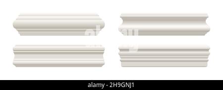 Set of white skirting cornice moulding or baseboard. Ceiling crown on white background. Plaster, wooden or styrofoam interior decor. Classic home desi Stock Vector