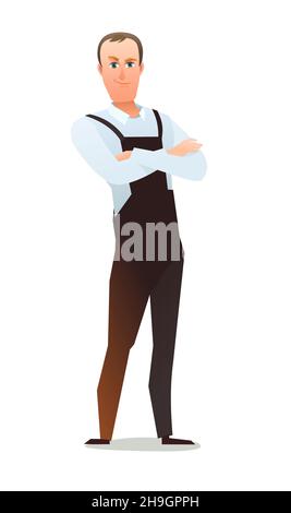 Man in overalls. Service guy. Handyman, locksmith or repairman. Cheerful person. Standing pose. Cartoon comic style flat design. Single character Stock Vector