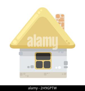 Small country house with orange walls and red roofs. Funny cartoon style. Country suburban village. Traditional simple architecture. Illustration for Stock Vector