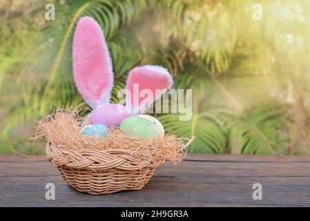 Easter eggs in a nest with Easter bunny ears. Rabbit hiding behind a basket of Easter eggs on the table Stock Photo