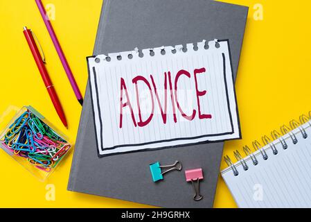 Sign displaying Advice. Business showcase guidance or recommendations offered with regard prudent action Flashy School And Office Supplies Bright Stock Photo