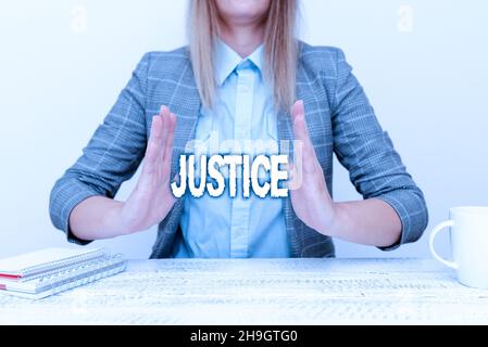 Inspiration showing sign Justice. Concept meaning Quality of being just impartial or fair Administration of law rules Explaining New Business Plans Stock Photo
