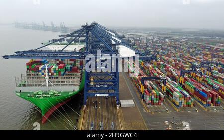 A view of The Port of Felixstowe in Suffolk which is Britain's biggest and busiest container port as supply chain strains, rising costs and Covid-19 restrictions continue to effect trading for many businesses. Picture date: Monday December 6, 2021. Stock Photo