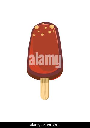 Chocolate ice cream. Summer food sweet dessert. Flat design. Nuts. Popsicle on a stick. The object is isolated on a white background. Illustration Stock Vector