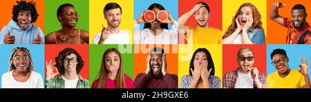 Headshots of shocked, happy young diverse people on colorful backgrounds, panorama Stock Photo