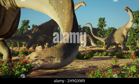Alamosaurus eating berries, group of dinosaurs from the Late Cretaceous period at sunrise Stock Photo