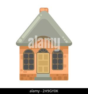 Small country house with orange walls and gray roofs. Funny cartoon style. Country suburban village. Traditional simple architecture. Illustration for Stock Vector