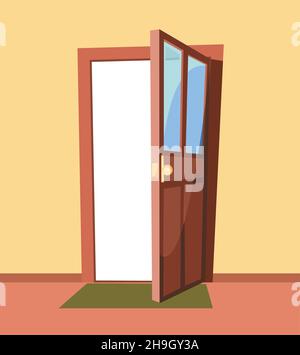 Opened door. Simple and flat style. Inside view from the room of the house. Yellow wall. Open. Cartoon cute fairy tale design. Image background Stock Vector