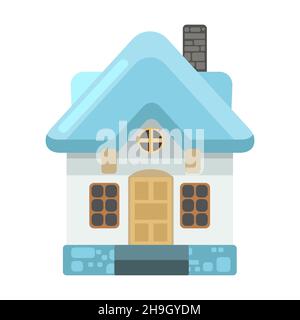 Small country house with orange walls and red roofs. Funny cartoon style. Country suburban village. Traditional simple architecture. Illustration for Stock Vector