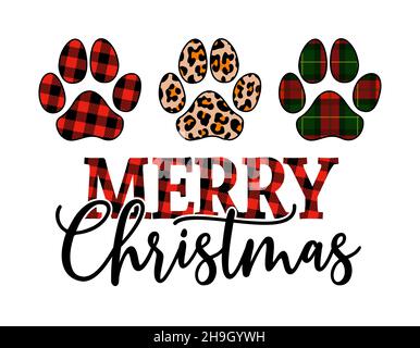 Merry Christmas - Paw print shaped dog or cat pawprints for gift tag. Hand drawn footprints for Xmas greetings cards, invitations. Good for t-shirt, m Stock Vector
