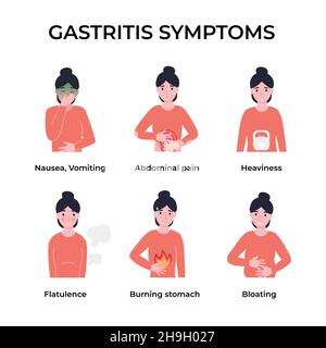 Set gastritis symptoms. Vomiting, abdominal pain, heaviness, flatulence, burning stomach, bloating. Flat vector cartoon modern illustration. Stock Photo