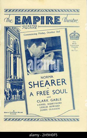 British programme for NORMA SHEARER and CLARK GABLE in A FREE SOUL 1931 director CLARENCE BROWN book Adela Rogers St. Johns Metro Goldwyn Mayer Stock Photo