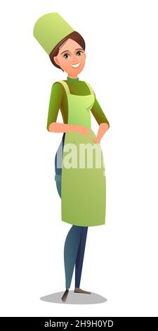 Female cook in overalls. Girl from kitchen in an apron. Cheerful person ...