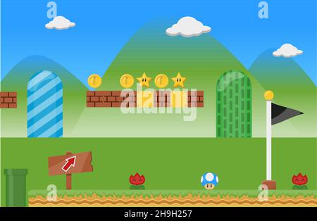 Vector flat card with super mario. Cartoon-style background template for birthday invitation. Illustration with elements for the game Stock Vector