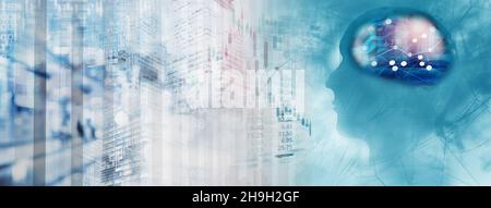 market trading stock index number and graph on white blue digital technology blur light line and artificial intelligence brain or AI graphic banner bu