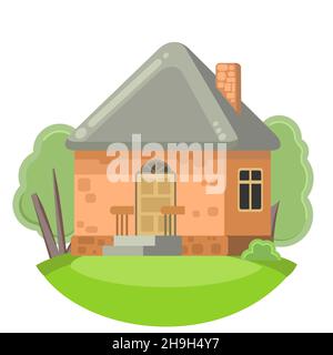 Small country house with orange walls and gray roofs. Funny cartoon style. Country suburban village. Traditional simple architecture. Illustration for Stock Vector