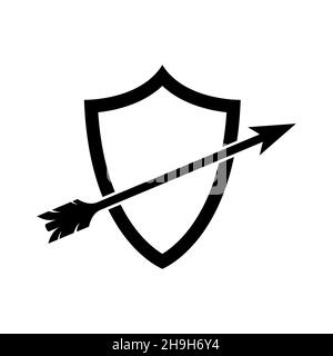 Shield with hunter arrow. Black conceptual icon. Vector illustration. Safety sign isolated Stock Vector