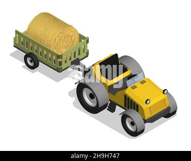 Isometric agricultural tractor with cart and roll of hay. Transport and equipment for transporting agricultural products on field. Realistic cartoon 3 Stock Vector
