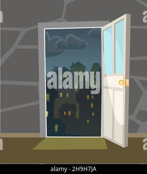Opened door. From inside of room at home. Night view on town. Stone wall. Way is open. Cartoon style. Vector Stock Vector