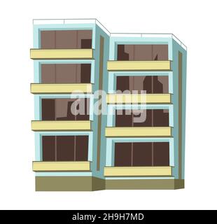 City building. Cartoon fun flat style. Isolated on white background. Residential building with windows and balconies. Vector. Stock Vector
